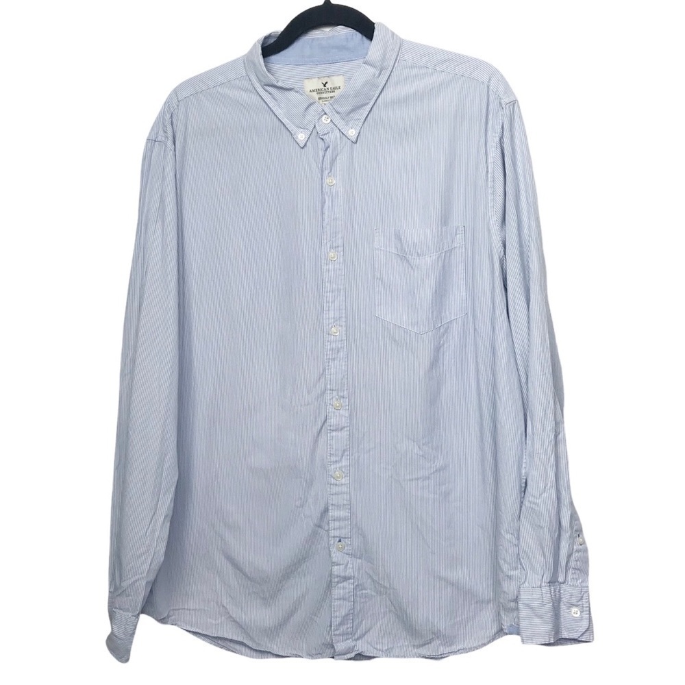 American Eagle Blue White Striped Long Sleeve Button Down Shirt Flawed XXL
